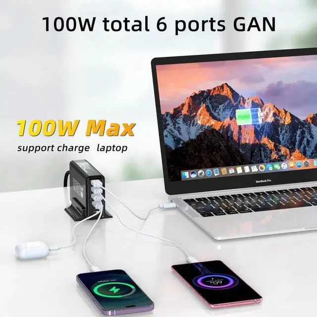 Alt view image 2 of 5 - Black USB Fast Charger, 100W GaN 6-Port (3C + 3A) Square Charging Station, Compatible with Laptops, Mobile Phones, Tablets, and Other Devices