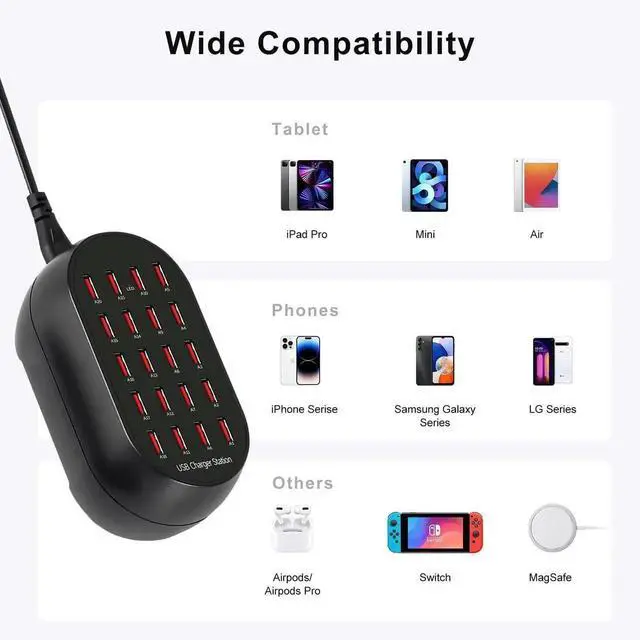 Alt view image 5 of 6 - JAENFONG 20-Port USB Charging Station, 100W Multi-Device Charger Hub, Desktop Power Dock for Smartphones, for iPhone, Samsung Galaxy, iPad, Tablet, Drones, Headphones,Black