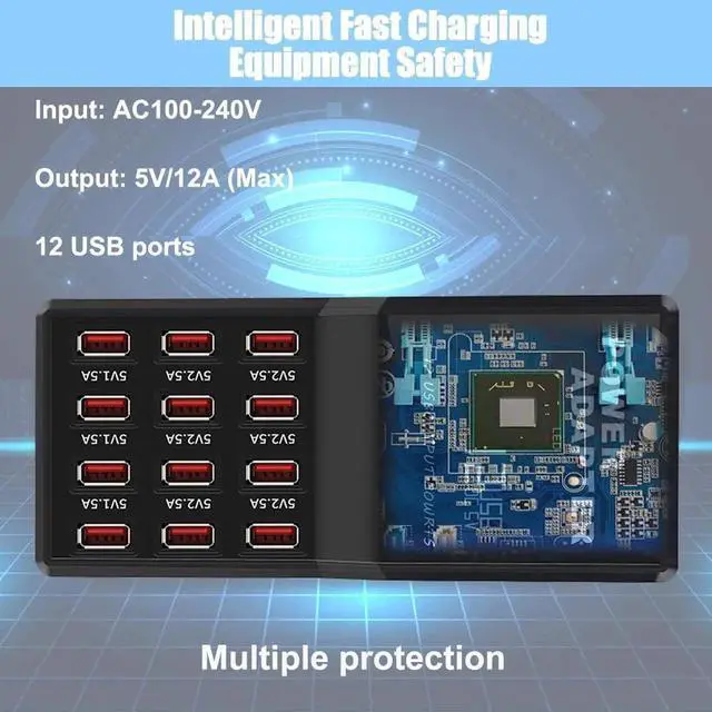 Alt view image 6 of 7 - JAENFONG USB Charger Station,12-Port 60W Multiple USB Charging Station,Multi Ports Charger Charging for SmartphonesTabletsand Other Devices.