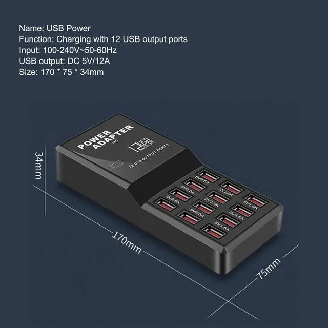 Alt view image 5 of 7 - JAENFONG USB Charger Station,12-Port 60W Multiple USB Charging Station,Multi Ports Charger Charging for SmartphonesTabletsand Other Devices.