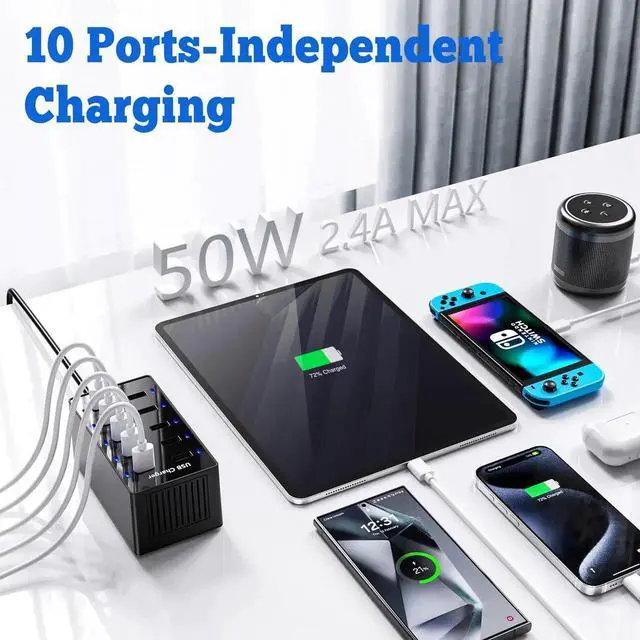 Alt view image 5 of 7 - JAENFONG Multiple USB Charger, 10 Port USB Charging Station, Charging Station for Multiple Devices, Charger Block for iPhone 13/14/15/16/Samsung S24/S25 Ultra/Google/iPad/iPod