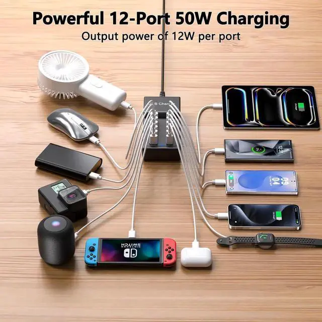 Alt view image 6 of 7 - JAENFONG Multi USB Charger, USB C Charging Block Station, 50W 12 Port Multiple USB C Power Strip USB Hub Compatible with iPhone 16 Pro Max/15/14/13/12/11, iPad, Tablets, Samsung Galaxy S25/S24, Pixel