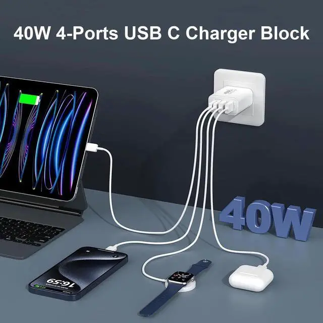 Alt view image 4 of 7 - 40W USB C Charger Block for iPhone17/17 Pro/17 Pro Max/Air/16/16 Pro/16 Pro Max/16 Plus/15/15 Pro Max/14 13 12 11 Pro Max XS XR X,4-Port PD+QC Multiport Power Adapter Type C Fast Charging Brick