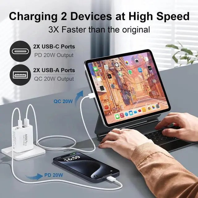 Alt view image 2 of 7 - 40W USB C Charger Block for iPhone17/17 Pro/17 Pro Max/Air/16/16 Pro/16 Pro Max/16 Plus/15/15 Pro Max/14 13 12 11 Pro Max XS XR X,4-Port PD+QC Multiport Power Adapter Type C Fast Charging Brick