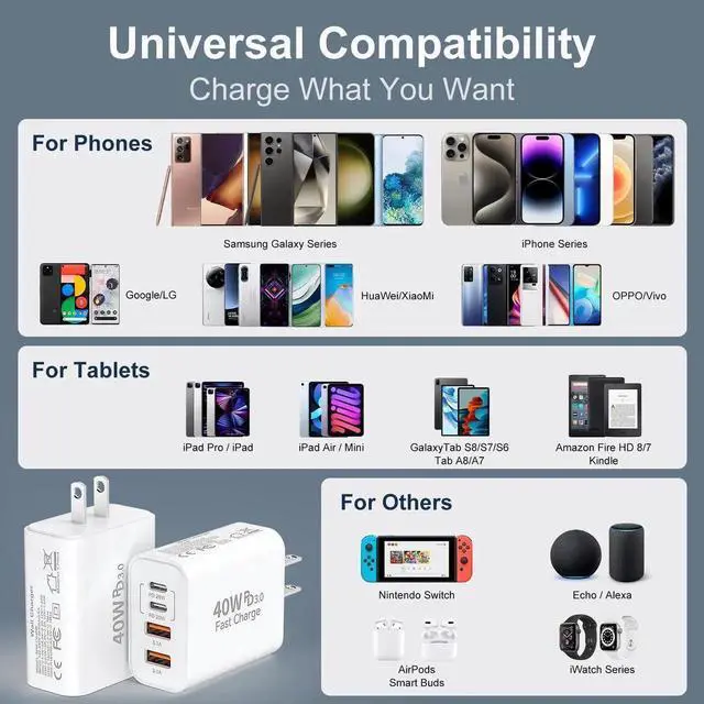 Alt view image 5 of 7 - 40W USB C Charger Block for iPhone17/17 Pro/17 Pro Max/Air/16/16 Pro/16 Pro Max/16 Plus/15/15 Pro Max/14 13 12 11 Pro Max XS XR X,4-Port PD+QC Multiport Power Adapter Type C Fast Charging Brick