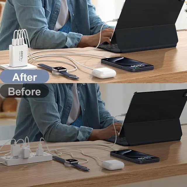 Alt view image 7 of 7 - 40W USB C Charger Block for iPhone17/17 Pro/17 Pro Max/Air/16/16 Pro/16 Pro Max/16 Plus/15/15 Pro Max/14 13 12 11 Pro Max XS XR X,4-Port PD+QC Multiport Power Adapter Type C Fast Charging Brick