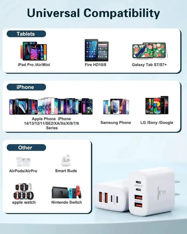 Alt view image 7 of 7 - USB C Charger Block,2-Pack 40W 4-Port USB C Wall Charger Fast Charging Dual Port PD Power Adapter+QC Double Wall Plug Multiport Type C Brick Chargers for iPhone 16 15 14 13 12 11 ProMax Samsung