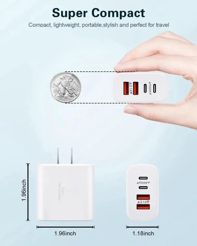 Alt view image 3 of 7 - USB C Charger Block,2-Pack 40W 4-Port USB C Wall Charger Fast Charging Dual Port PD Power Adapter+QC Double Wall Plug Multiport Type C Brick Chargers for iPhone 16 15 14 13 12 11 ProMax Samsung