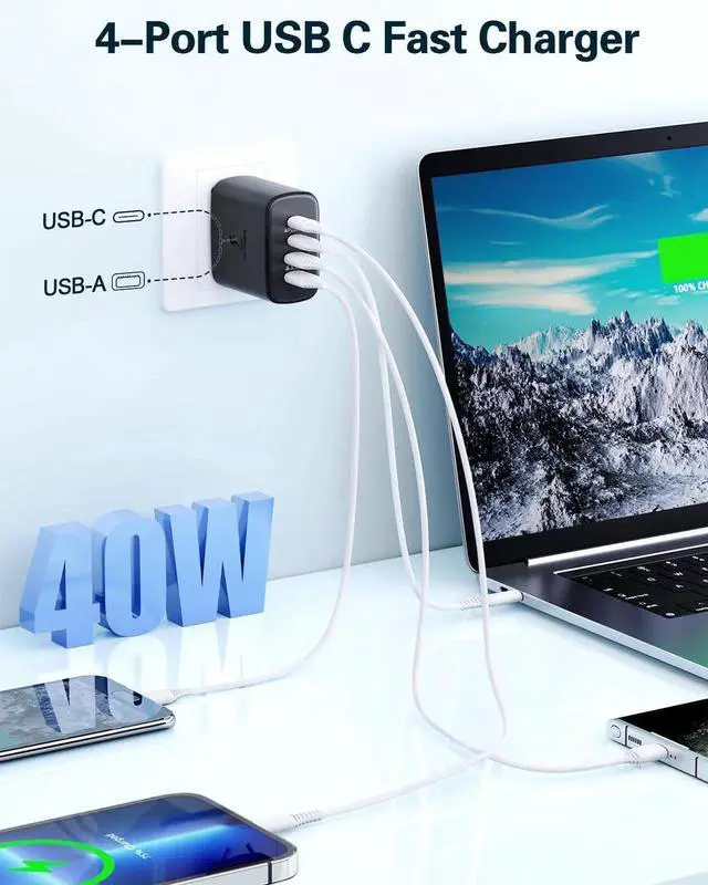 Alt view image 4 of 7 - 40W USB C Charger Black, 2-Pack USB C Wall Plug Fast Charging Block,4-Port PD+QC Power Adapter Multiport Brick Type C Box Dual Charger Block for iPhone 16/15/14/13/12/11/Pro Max,Samsung Galaxy