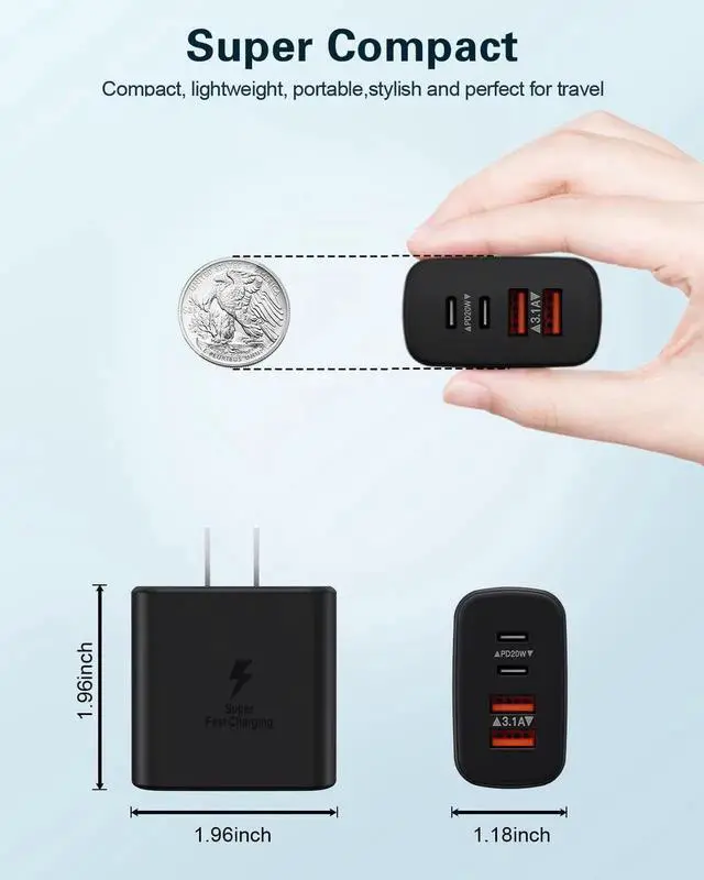 Alt view image 6 of 7 - 40W USB C Charger Black, 2-Pack USB C Wall Plug Fast Charging Block,4-Port PD+QC Power Adapter Multiport Brick Type C Box Dual Charger Block for iPhone 16/15/14/13/12/11/Pro Max,Samsung Galaxy