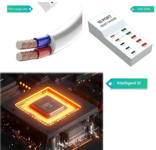 Alt view image 7 of 7 - JAENFONG 72W USB C Charger Block, 10-Port Charging Station for iPhone Pro Max, Samsung Galaxy, iPad, AirPods - Compatible with Most Smartphones & Tablets