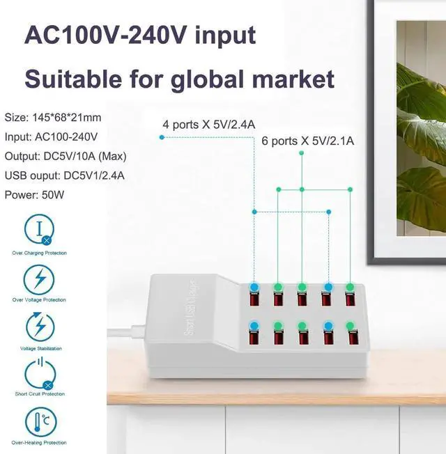 Alt view image 2 of 7 - JAENFONG USB Charger Station,10-Port 50W/10A Multiple USB Charging Station with Smart IC Technology,Multi Ports Charger Charging for SmartphonesTabletsand Other Devices.