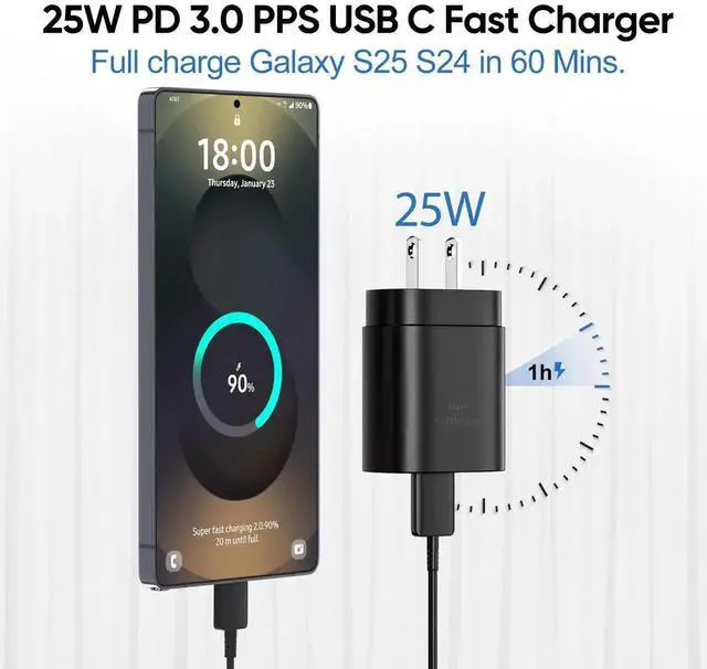 Alt view image 5 of 6 - JAENFONG 25W Super Fast USB C Charger Block & 6.6FT Android Phone Type C Charger Cable Cord for Samsung Galaxy S25 Ultra/S24+/S24/S23 Ultra/S23/S22 Ultra/S22/S21/S20 /Note10 20-Black
