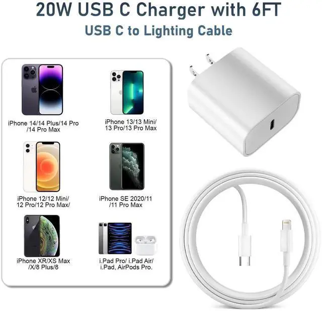 Alt view image 2 of 7 - JAENFONG Charger for iPhone 14 Fast Charging, 20W USB C Wall Charger Block with 6FT Long Charging Cord Cable for iPhone 14 Charger/14 Pro Max/13/13 Pro Max/12/12 Pro Max/11/XR/XS/X and More