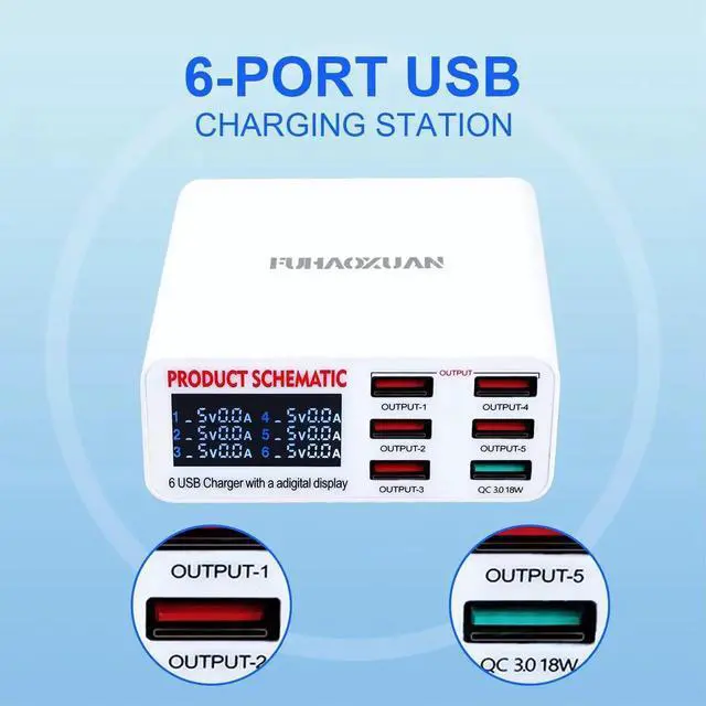 Alt view image 2 of 6 - JAENFONG USB Charging Station for Multiple Devices, 40w 6-Ports USB Charger Station, 5USB+1QC3.0 Ports Fast Charging Station Block, Compatible with Phone Watch Pad Speakers Headphones for Home Office