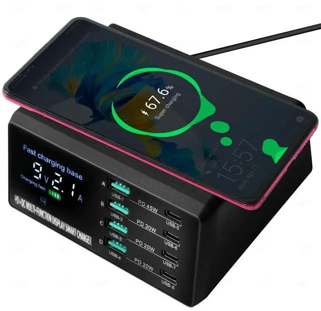 Alt view image 6 of 7 - JAENFONG 110W USB Charging Station, 8-Port Fast Multi USB Charger Station with Wireless Charging & LED Display, Charging Dock for Multiple Devices, Compatible with iPhone, Samsung, Tablets, and More