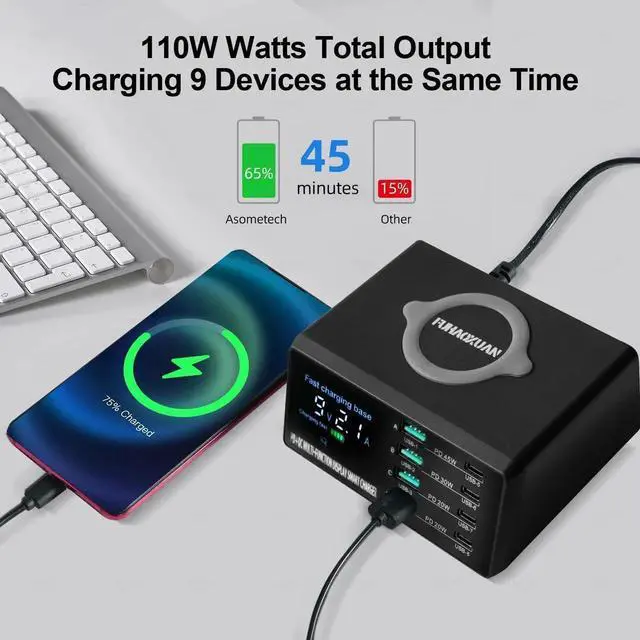 Alt view image 3 of 7 - JAENFONG 110W USB Charging Station, 8-Port Fast Multi USB Charger Station with Wireless Charging & LED Display, Charging Dock for Multiple Devices, Compatible with iPhone, Samsung, Tablets, and More