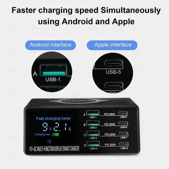 Alt view image 7 of 7 - JAENFONG 110W USB Charging Station, 8-Port Fast Multi USB Charger Station with Wireless Charging & LED Display, Charging Dock for Multiple Devices, Compatible with iPhone, Samsung, Tablets, and More