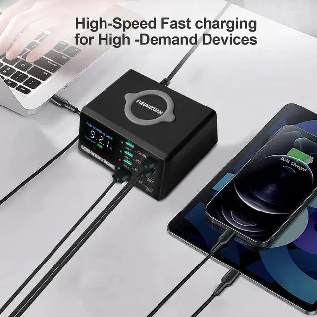 Alt view image 2 of 7 - JAENFONG 110W USB Charging Station, 8-Port Fast Multi USB Charger Station with Wireless Charging & LED Display, Charging Dock for Multiple Devices, Compatible with iPhone, Samsung, Tablets, and More
