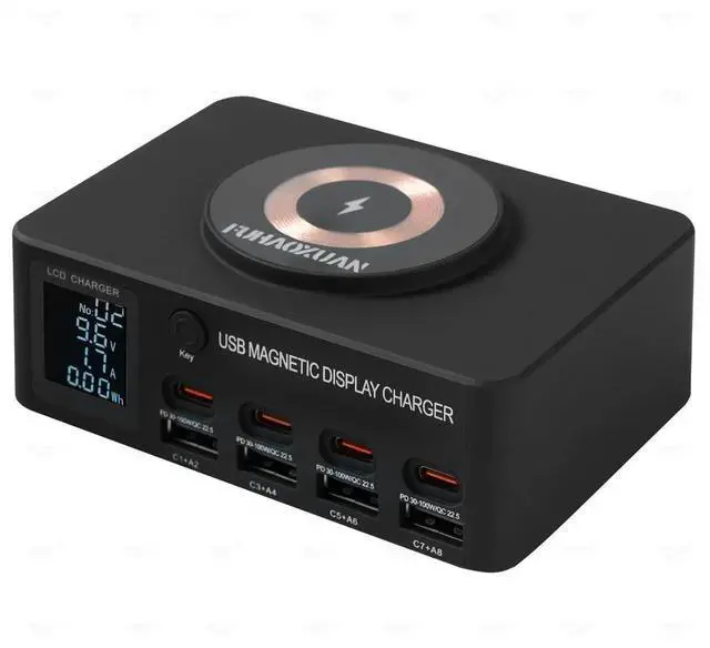 Main image of JAENFONG 140W 8-Port USB Charging Station with PD & QC 3.0, Fast Charger Block with Wireless Charging, Smart LED Display USB Charger Hub for Home, Office & Multiple Devices