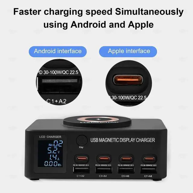 Alt view image 3 of 7 - JAENFONG 140W 8-Port USB Charging Station with PD & QC 3.0, Fast Charger Block with Wireless Charging, Smart LED Display USB Charger Hub for Home, Office & Multiple Devices