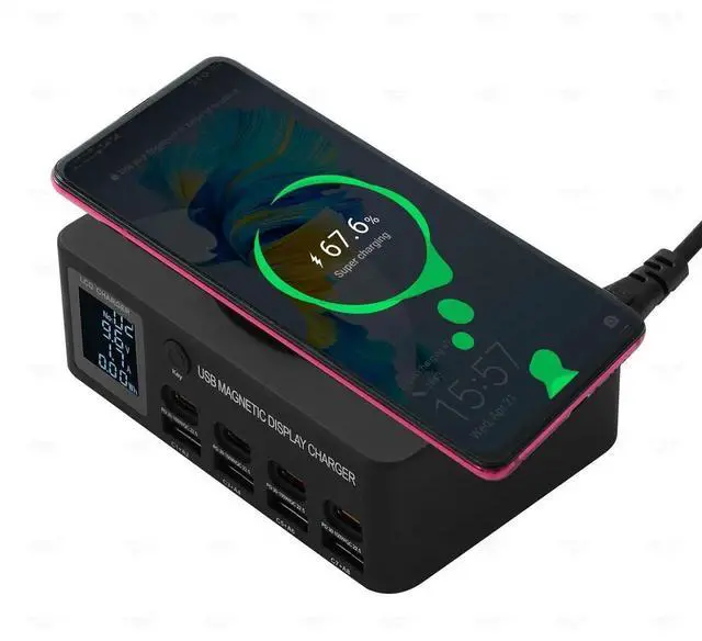Alt view image 5 of 7 - JAENFONG 140W 8-Port USB Charging Station with PD & QC 3.0, Fast Charger Block with Wireless Charging, Smart LED Display USB Charger Hub for Home, Office & Multiple Devices