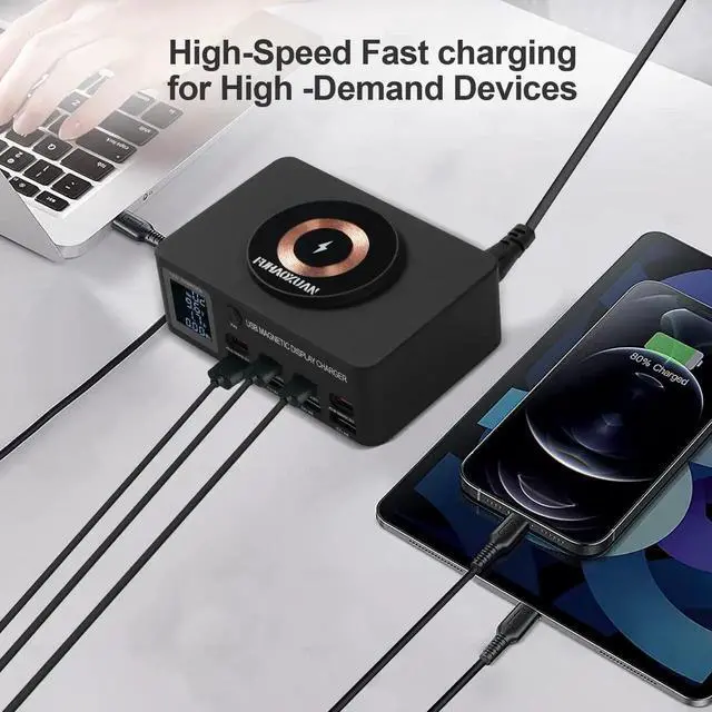 Alt view image 6 of 7 - JAENFONG 140W 8-Port USB Charging Station with PD & QC 3.0, Fast Charger Block with Wireless Charging, Smart LED Display USB Charger Hub for Home, Office & Multiple Devices