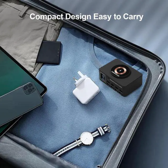 Alt view image 4 of 7 - JAENFONG 140W 8-Port USB Charging Station with PD & QC 3.0, Fast Charger Block with Wireless Charging, Smart LED Display USB Charger Hub for Home, Office & Multiple Devices