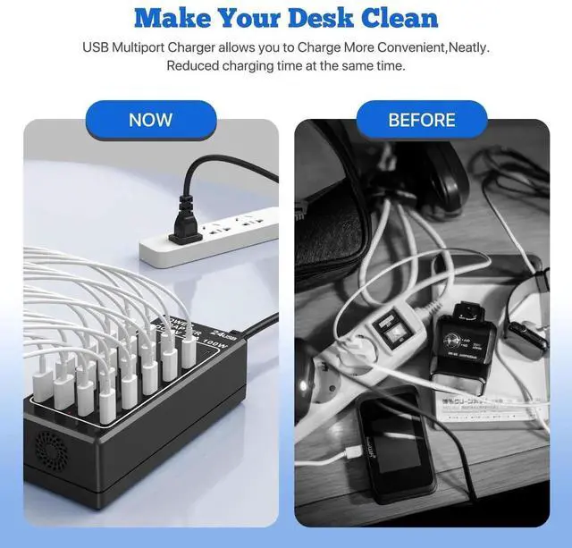 Alt view image 5 of 7 - USB Charger Station, C Charging Block, 100W (20A) 24 Port Multiple USBCharger Desktop Wall Charger Hub 12 USB A 12 USB C Compatible for Apple iPhone, iPad, Samsung Galaxy, Laptop, Pixel, Phones