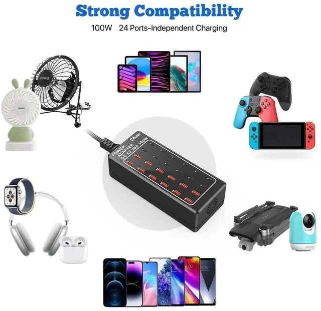 Alt view image 6 of 7 - USB Charger Station, C Charging Block, 100W (20A) 24 Port Multiple USBCharger Desktop Wall Charger Hub 12 USB A 12 USB C Compatible for Apple iPhone, iPad, Samsung Galaxy, Laptop, Pixel, Phones