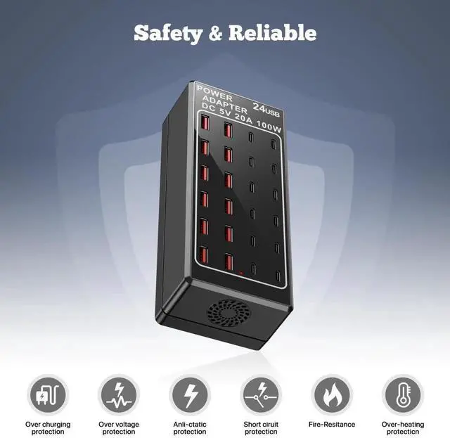 Alt view image 3 of 7 - USB Charger Station, C Charging Block, 100W (20A) 24 Port Multiple USBCharger Desktop Wall Charger Hub 12 USB A 12 USB C Compatible for Apple iPhone, iPad, Samsung Galaxy, Laptop, Pixel, Phones
