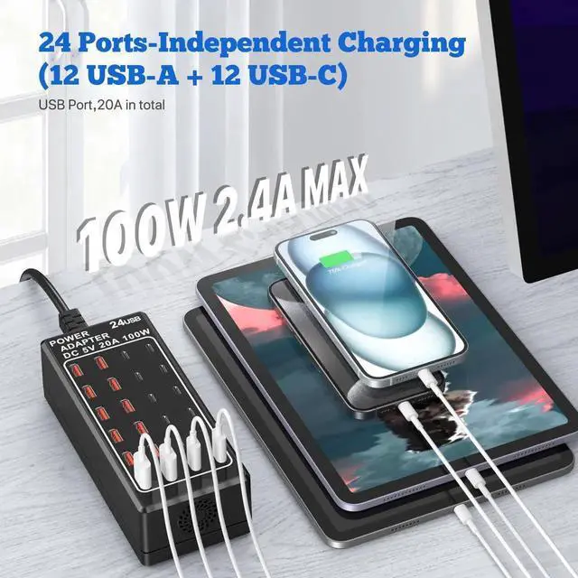 Alt view image 4 of 7 - USB Charger Station, C Charging Block, 100W (20A) 24 Port Multiple USBCharger Desktop Wall Charger Hub 12 USB A 12 USB C Compatible for Apple iPhone, iPad, Samsung Galaxy, Laptop, Pixel, Phones