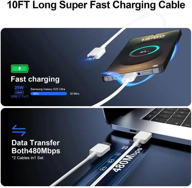 Alt view image 6 of 6 - Type C Charger Fast Charging for iPhone 17 16,25W USB C Super Fast Charger Block with 10FT Long C Fast Charging Cable for Galaxy S25/S24/S23/Plus/Ultra, iPhone 17/16/15/Pro/Pro Max/iPhone 2Pack