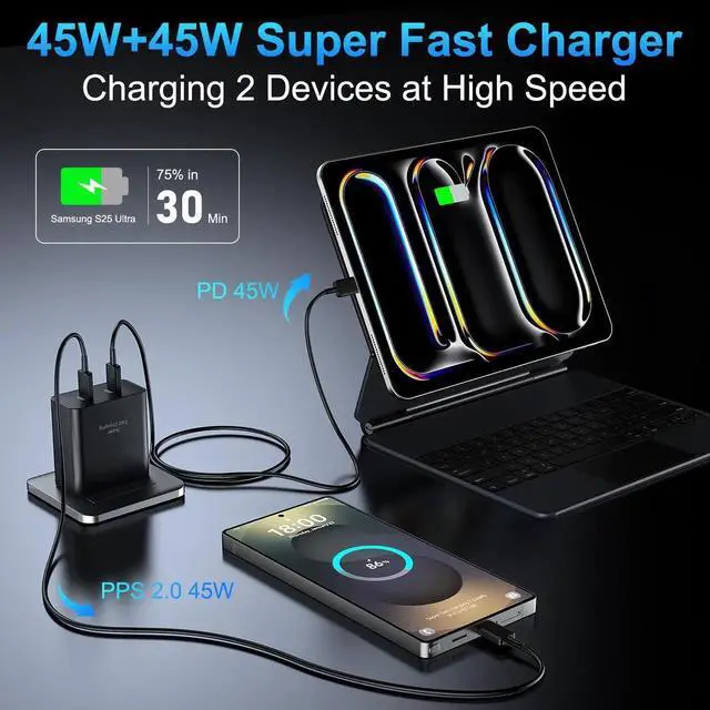 Alt view image 2 of 7 - 45W USB-C Super Fast Charger,2-Port 45 Watt Type C Charger Fast Charging Block with6.6FT USB C Cable Cord for Samsung Galaxy S25 Ultra/S25+/S25/S24/S23 Ultra/S23+/S22 Ultra/S22+/S20 Ultra-Black