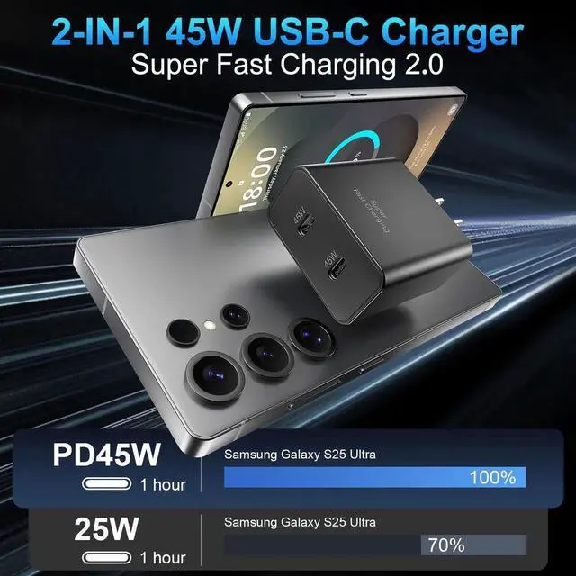 Alt view image 4 of 7 - 45W USB-C Super Fast Charger,2-Port 45 Watt Type C Charger Fast Charging Block with6.6FT USB C Cable Cord for Samsung Galaxy S25 Ultra/S25+/S25/S24/S23 Ultra/S23+/S22 Ultra/S22+/S20 Ultra-Black