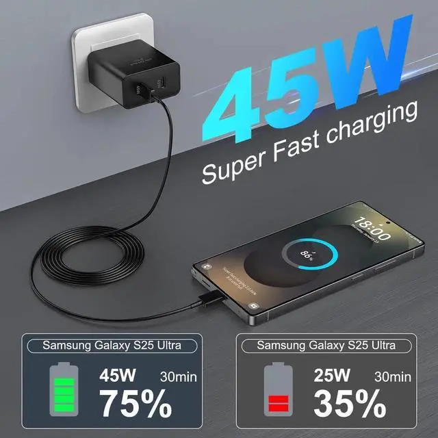 Alt view image 5 of 7 - 45W USB-C Super Fast Charger,2-Port 45 Watt Type C Charger Fast Charging Block with6.6FT USB C Cable Cord for Samsung Galaxy S25 Ultra/S25+/S25/S24/S23 Ultra/S23+/S22 Ultra/S22+/S20 Ultra-Black