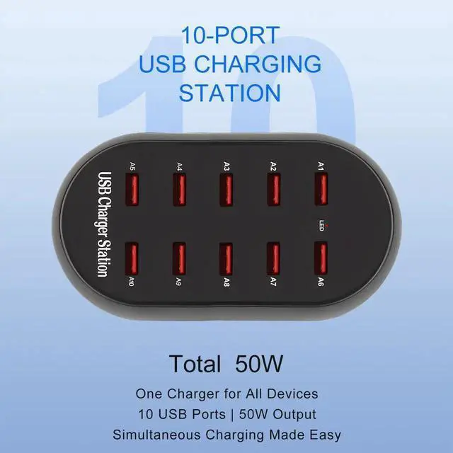 Alt view image 4 of 7 - JAENFONG 10-Port USB Charging Station, 50W Multi-Device Charger Hub, Desktop Power Dock for Smartphones, for iPhone, Samsung Galaxy, iPad, Tablet, Drones, Headphones,Black