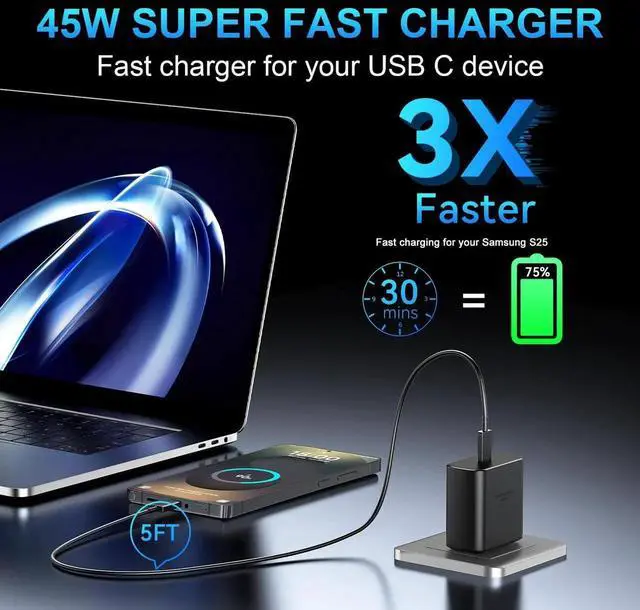 Alt view image 6 of 6 - 45W Samsung USB-C Super Fast Charger 5FT Long Type C Charger Cable Cord Fast Charging Android Phone Charger Block for Samsung Galaxy S25 Ultra/S25/S24 Ultra/S24/S24+/S23 Ultra/S23+/S22/S22Ultra