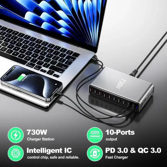 Alt view image 4 of 7 - JAENFONG 730W USB C Charger Block, 10 Port Fast USB Charging Station for Multi Devices, GaN Charging Block Double 140W/100W/65W PD PPS Port Laptop Charger Compatible with MacBook Pro/Air/iPhone 16/15