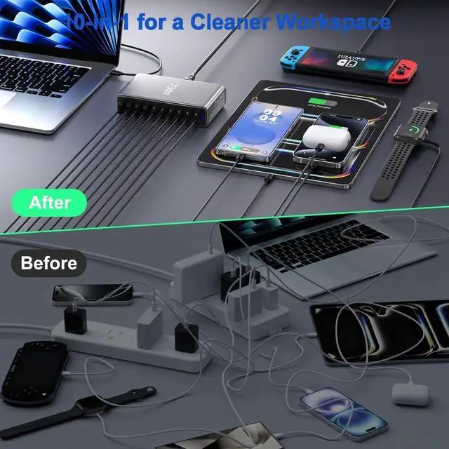 Alt view image 3 of 7 - JAENFONG 730W USB C Charger Block, 10 Port Fast USB Charging Station for Multi Devices, GaN Charging Block Double 140W/100W/65W PD PPS Port Laptop Charger Compatible with MacBook Pro/Air/iPhone 16/15