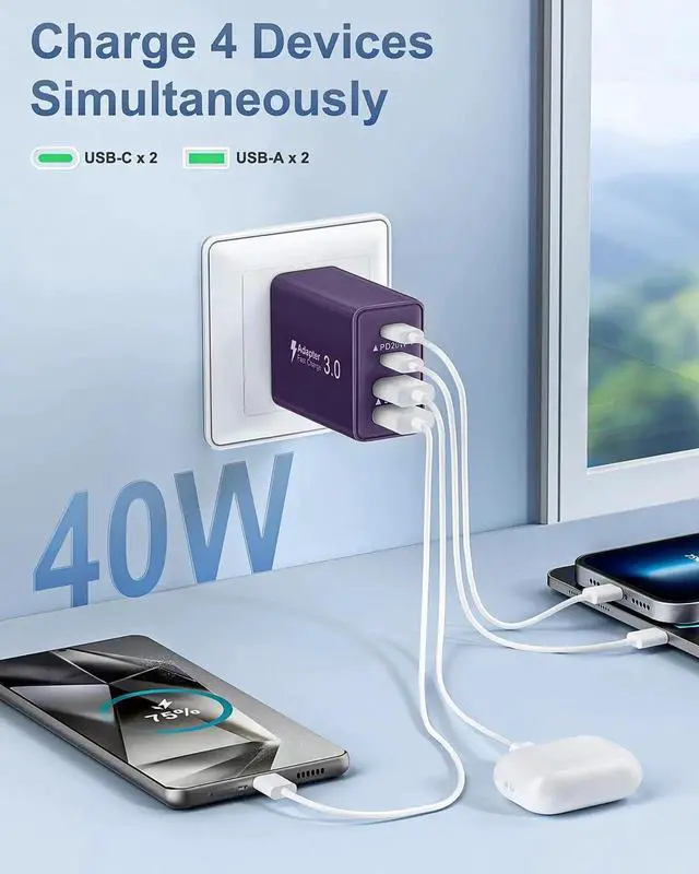 Alt view image 3 of 7 - JAENFONG 4-Pack USB C Charger Block, 40W Type C Charger Fast Charging Block, 4-Port PD Power Adapter + QC Wall Plug Multi Type C Charging Block Cube for iPhone 16 15 14 13 12 11 Pro Max Plus, Samsung