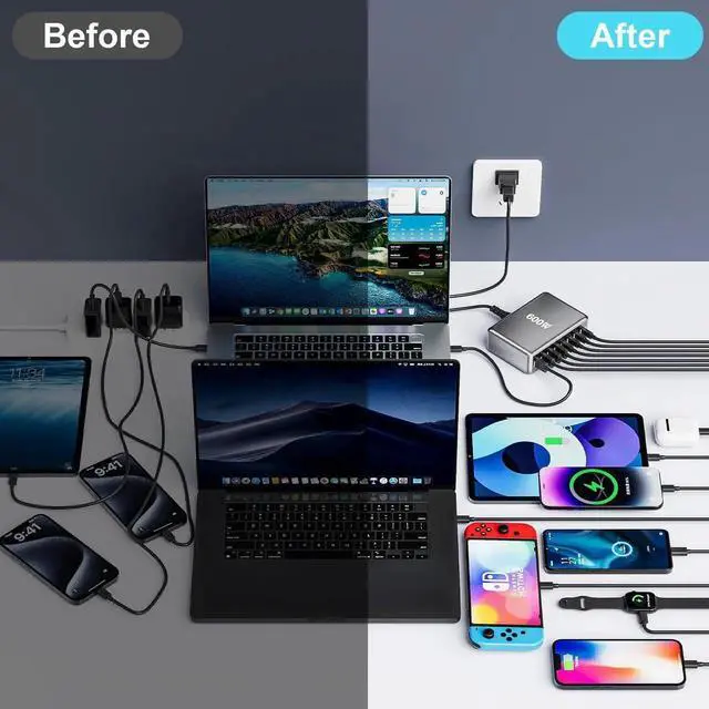 Alt view image 6 of 7 - JAENFONG 600W Fast USB C GaN Pro Charger Block,8 Port Charging Station,Dual 140W PD3.1 PPS Fast Charging Station for Multiple Devices Laptop Wall Charger Compatible with MacBook/iPhone 16/iPad etc