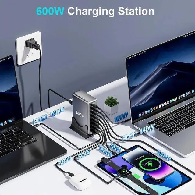 Alt view image 3 of 7 - JAENFONG 600W Fast USB C GaN Pro Charger Block,8 Port Charging Station,Dual 140W PD3.1 PPS Fast Charging Station for Multiple Devices Laptop Wall Charger Compatible with MacBook/iPhone 16/iPad etc