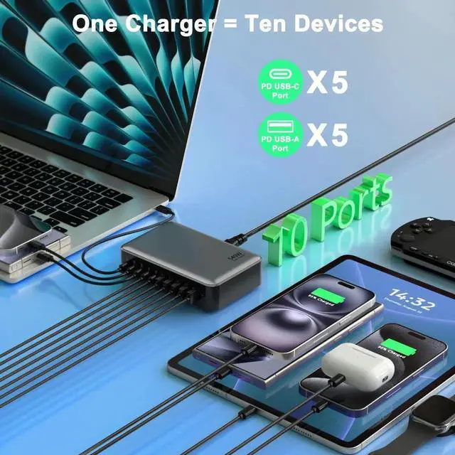 Alt view image 3 of 7 - JAENFONG USB C Fast Charger Block, USB Charging Station 540W, PD 100W Laptop Charger, GaN Charging Block, 10 Port Multi Port Charer Hub Compatible with Laptop,MacBook,iPad,iPhone,Samsung Galaxy,Dell