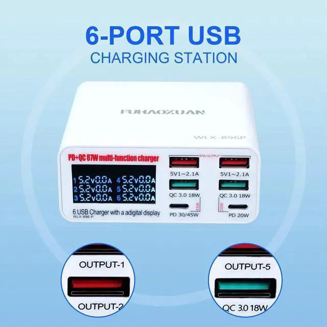 Alt view image 4 of 7 - JAENFONG USB C Charger Block 87W, 6-Port Fast Charging Station for Travel, Office, Desktop, Multi USB Wall Charger Hub for iPhone, Samsung Galaxy, iPad, Laptop, Tablet, Drones, Headphones & More