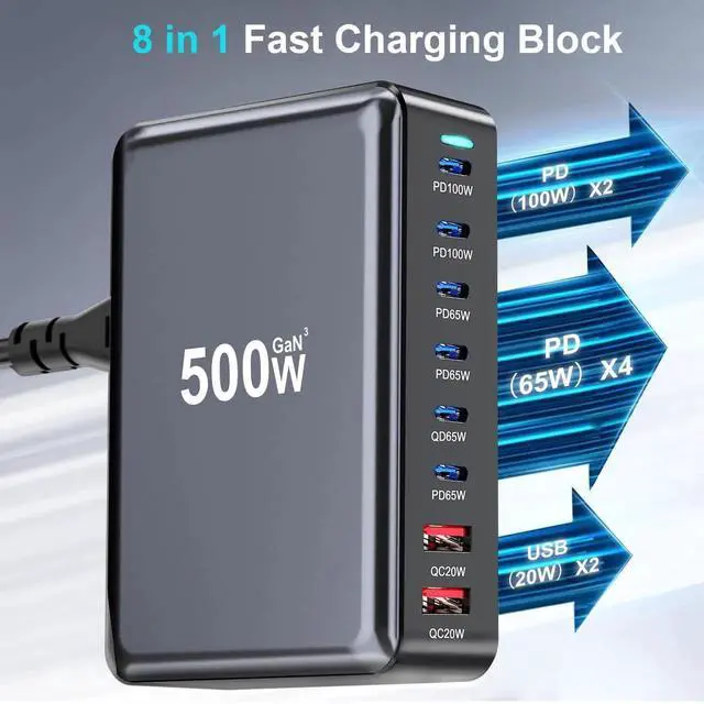 Alt view image 4 of 7 - JAENFONG 500W USB C Fast Charger Block, 8 Port USB Charging Station, GaN Pro Double 100W PD PPS Port Fast Charging Station for Multiple Devices,Laptop Wall Charger Compatible with MacBook, iPhone 17