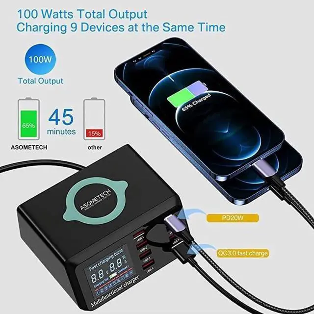 Alt view image 4 of 6 - JAENFONG USB Charger Hub 100W 8-Port Desktop Multiple USB Charging Station with PD Port, Quick Charge 3.0 USB Port, Wireless Charger, LCD Display Fast USB C Charger for iPhone 12, Tablet and More