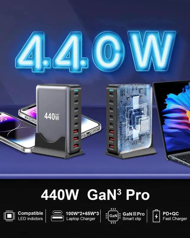 Alt view image 6 of 7 - JAENFONG 440W Fast USB C GAN Charger Block 8 Port Charging Station HUB Brick Dual PD PPS 100W Wall Charger Compatible with MacBook Pro/Air/All, iPad, iPhone 17/16/15/14/Pro Max, Android Devices etc