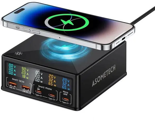 Main image of JAENFONG Charging Station, 160W 5-Port USB C with 65W PD, QC3.0, Wireless Charger, LCD Display for MacBook, Laptop, iPad, iPhone, Samsung