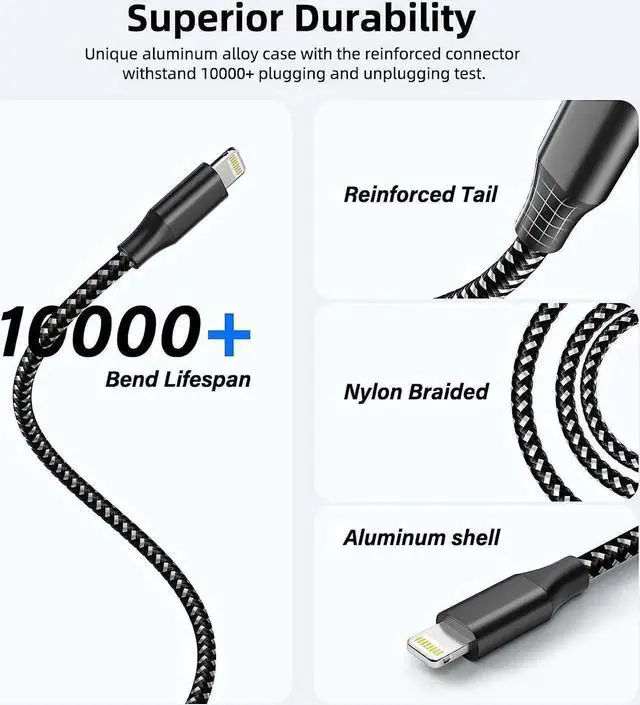 Alt view image 6 of 7 - JAENFONGiPhone Charger Fast Charging Cord 3 Pack 10 FT Apple MFi Certified Lightning Cable Nylon Braided iPhone Charger Cord Compatible with iPhone 13 12 11 Pro Max XR XS X 8 7 6 Plus SE iPad and More